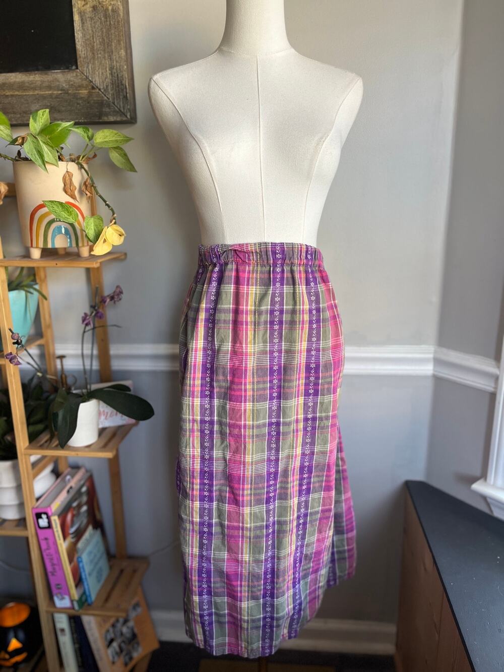 Vintage 90s Plaid Midi Skirt Cotton Purple Pink Floral Size 1X